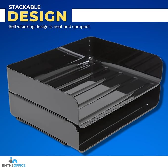 1InTheOffice Stackable Paper Tray, File Trays for Desk Stackable, Letter Tray Organizer, Side Load, Black, 2 Pack