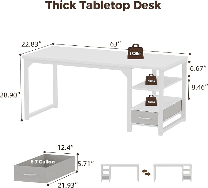 63 in Computer Desk with Drawer, 1" Thick Reversible Office Desk | Large Modern Writing Table with Storage Shelves, Heavy Duty Industrial Executive Desk for Home Bedroom Study Work