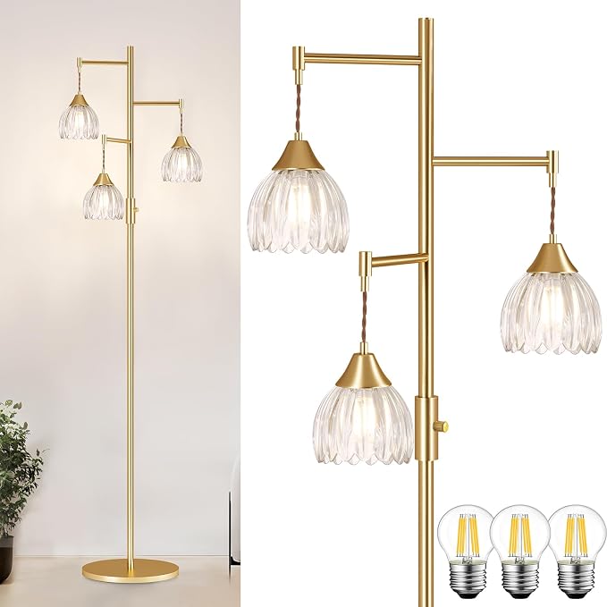 Shenmoyl Stepless Dimming Floor Lamps for Living Room, Bedroom, Gold Standing Lamp with 3pcs 6W Bulbs, Vintage Brass Floor Lamp for Corner, Nursery (Clear Tulip)