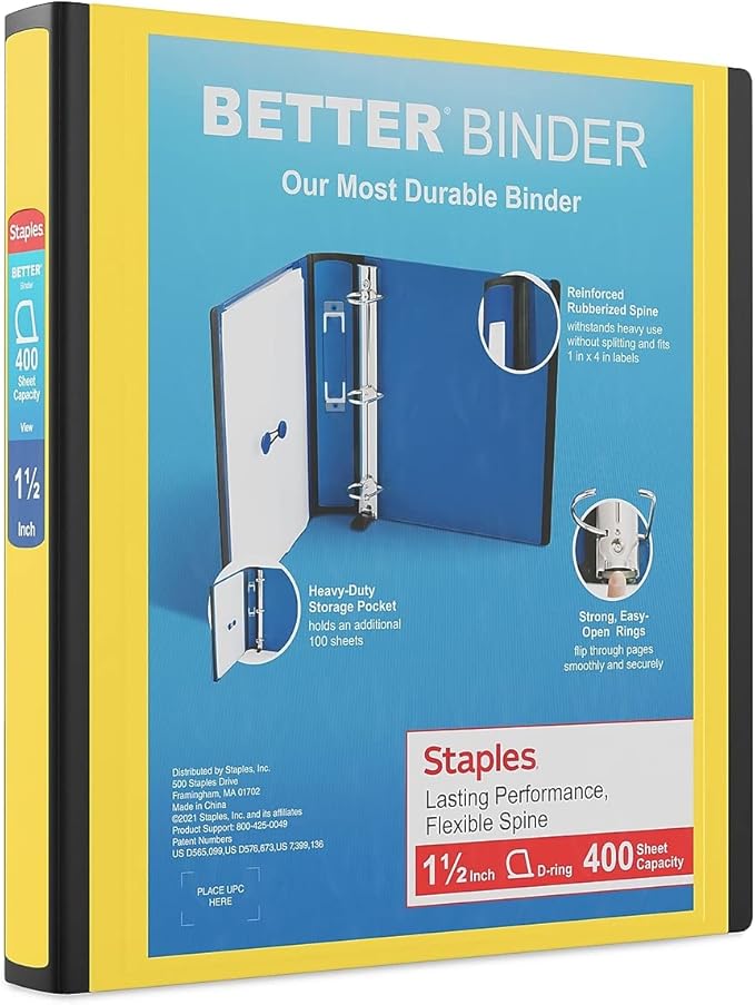 Staples Better Binder, 1.5-Inch D-Ring View, Yellow, 350 Sheets | Reinforced spine for durable everyday use in office and school settings.
