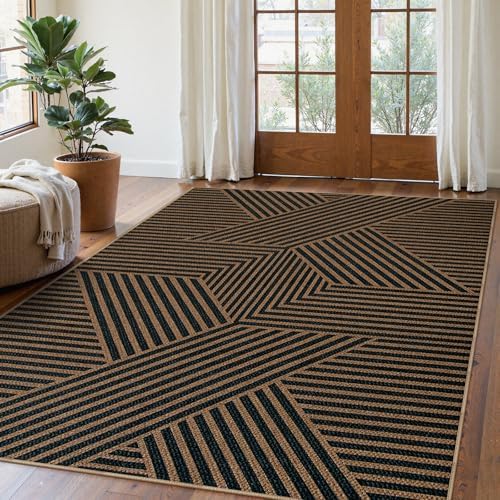 Lahome Geometric Easy Jute Outdoor Rug 5x7, Black Modern Entryway Rug