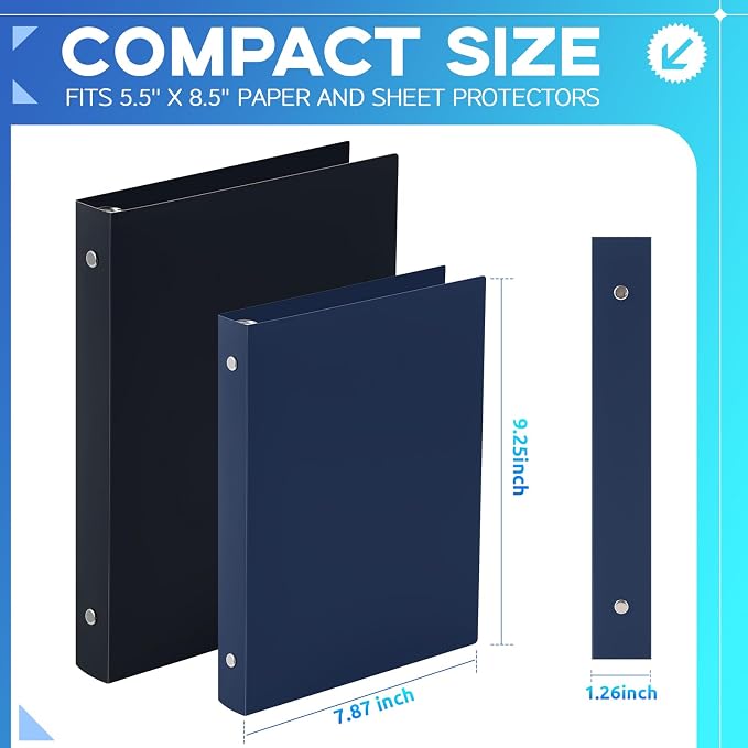 Henoyso 1 Inch 6 Pack Mini 3 Ring Binders for 5.5"x8.5" Paper,Dark Blue | Holds 200 Sheets, Plastic Small Binders, Round Three Rings, Flexible PP Covers, School Office, Photo Album Planner Journal