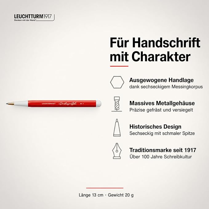 LEUCHTTURM1917 - Drehgriffel Writing Pen (Cherry) - Ballpoint Pen with Royal Blue Ink Included