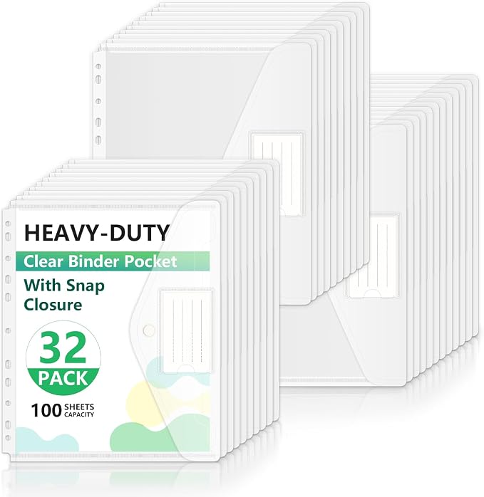 HOUYEE 32 Pack Heavy-Duty Clear Binder Pocket Folders for 2/3/4 Ring Binder | 11 Holes Binder Envelopes with Snap Closure, Plastic Clear Binder Folders for Office, 8 Mil,100 Sheet Capacity, Letter Size