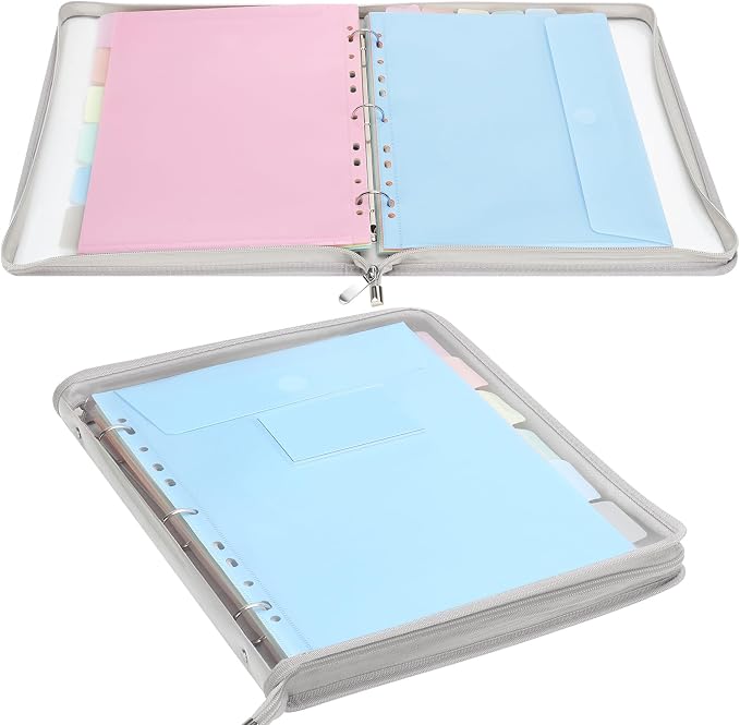 Uquelic Document Organizer, Soft PVC 3 Ring Binder with 12 Pockets | Colorful Zipper Binder with Dividers Letter Size, Large Capacity Cute Folder for School, Office & Home Use (Grey)