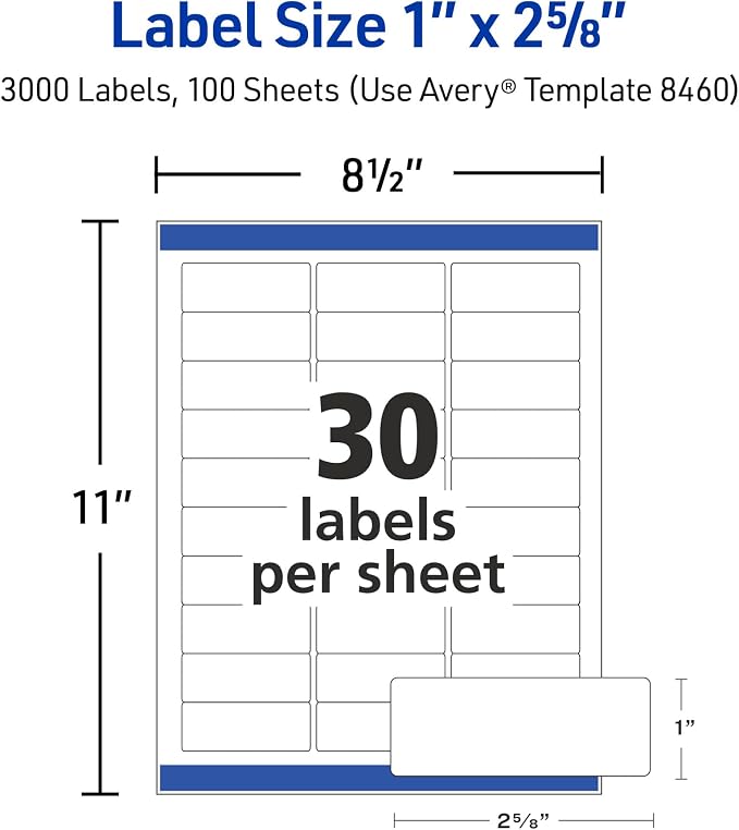 Avery® Easy Peel® Printable Address Labels, Sure Feed® Technology, Customizable Stickers, White, 3,000 Blank Mailing Labels, Great for Mailing, Shipping,& More (8460) 1" x 2-5/8" (Pack of 5)