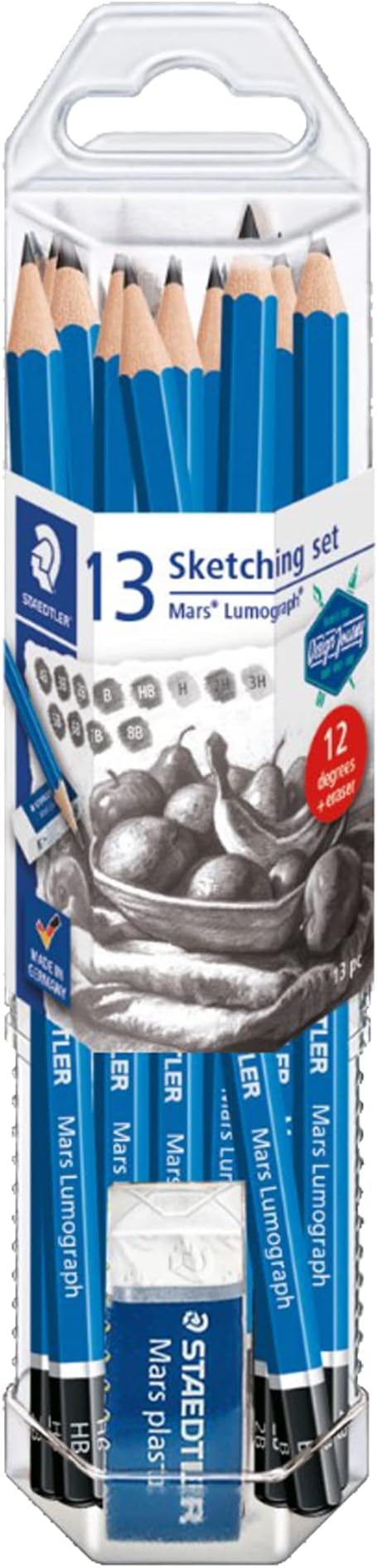 STAEDTLER Mars Lumograph 13pc Drawing Pencils & Eraser Set: 12 Hardness Grades 8B-2H, Mars Plastic Eraser, Pre-sharpened, Art Supplies for Drawing, Shading, Drafting & Illustrating, All Skill Levels