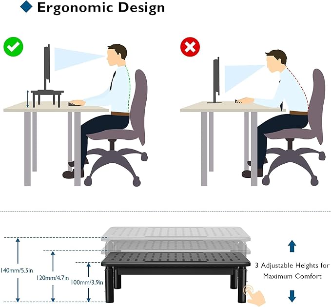 BONTEC 2 Pack Adjustable Monitor Stand Riser with Drawer, Supports 44lbs | Ergonomic Mesh Platform for Desk, Ventilated Laptop and PC Use with Cable Management for a Cooler, Organized Workspace