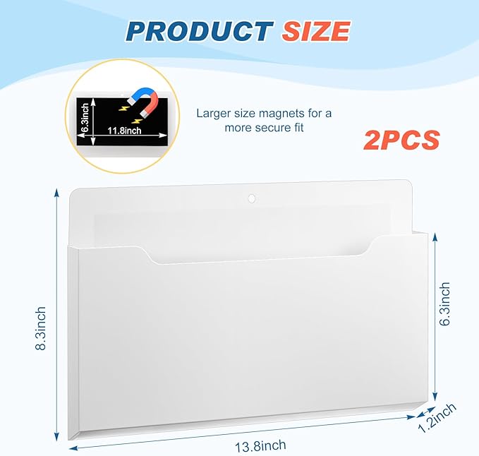 Feifeiya 2 Pcs Magnetic File Folder Wall Hanging Holder Large Pocket Paper Magazine Mail Organizer for Refrigerator Classroom Locker Whiteboard(Horizontal,White Color,13.8 x 8.3 Inches)