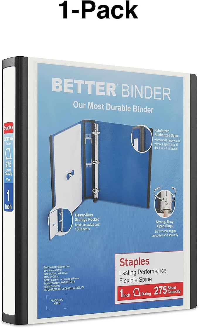 Staples Better Binder, 1 Inch D-Ring, White, 275 Sheets, 3-Pack | Reinforced spine for durable school and office document organization.