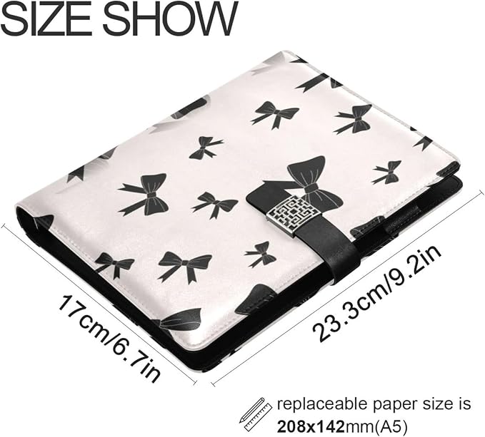 Black Bow Pattern White PU Leather Notebook A5 Binder 6 Ring Refillable Journal with Magnetic Buckle Closure Loose Leaf Travel Office Planner Budget Binder Notepad Portfolio,