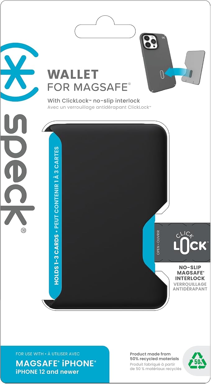 Speck iPhone Wallet MagSafe Accessory - Removable ClickLock No-Slip Interlock - Holds 1-3 Cards - Soft Touch Finish, Scratch Resistant Card Holder Built for MagSafe - Black