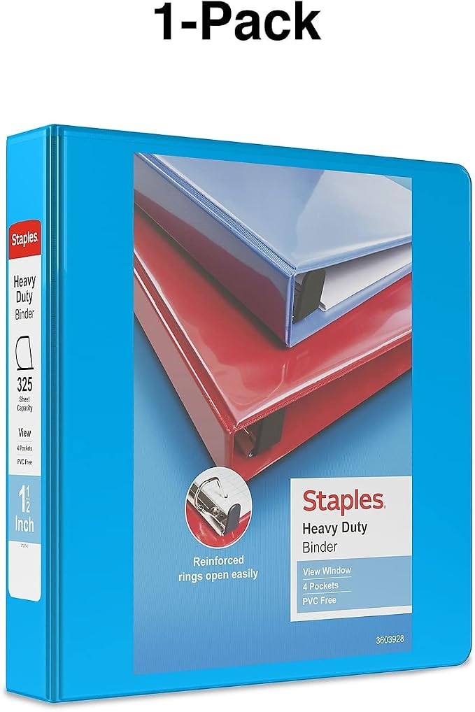 Staples Heavy Duty 1.5‑Inch 3‑Ring View Binder, Light Blue, Durable D‑Rings, Four Interior Pockets, Clear Overlay for Custom Covers, 3‑Pack