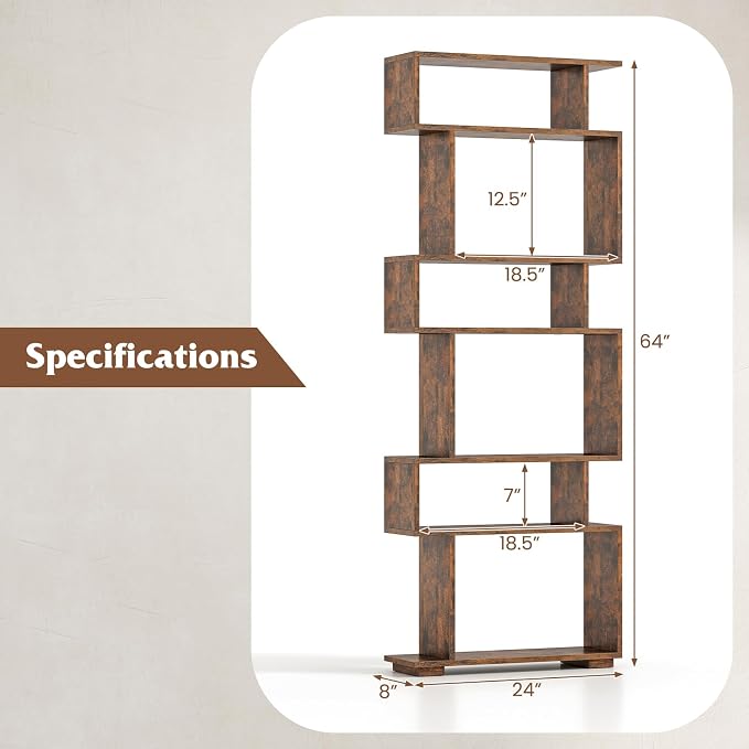 Tangkula 6-Tier S-Shaped Bookshelf, 64" Freestanding Geometric Bookcase, Home Office Wood Storage Shelf with Anti-Toppling Device, Room Divider Display Rack for Study, Living Room (1, Rustic Brown)