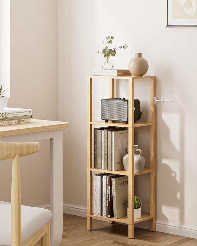 Open Book Shelf, 4 Tier Small Bookshelf, Freestanding Shelf Narrow Bookcase with Open Shelves, 14.96" x 10.63" x 41.26", Book Shelves for Living Room, Office, Study, Oak