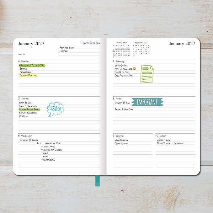 2026-2027 Planner - Weekly and Monthly Planner, Oct 2026 - Dec 2027, Holidays, Contacts and Notes Pages, Vegan Leather Cover, Elastic Closure, 5.5”x8.25”, Teal