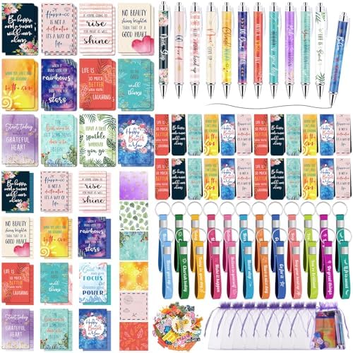 Pasimy 218 Pcs Inspirational Stationery Gifts Motivational Mini Notepad Pen Quote Bookmarks Stress Relief Stickers Inspiring Silicone Keychains for Home Office Appreciation Gift(Plant)