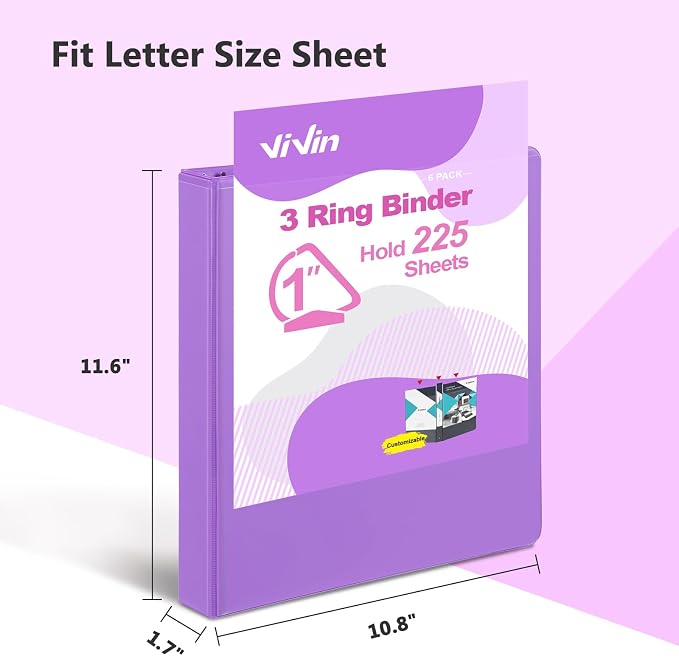 ViVin Sturdy 1 Inch D Ring Binders with 2 Pockets, 6 Pack, Purple | 3 Ring Binders with Clear View Cover, Hold 225 Sheets of US Letter Size Paper, PVC-Free for Office, Home, School