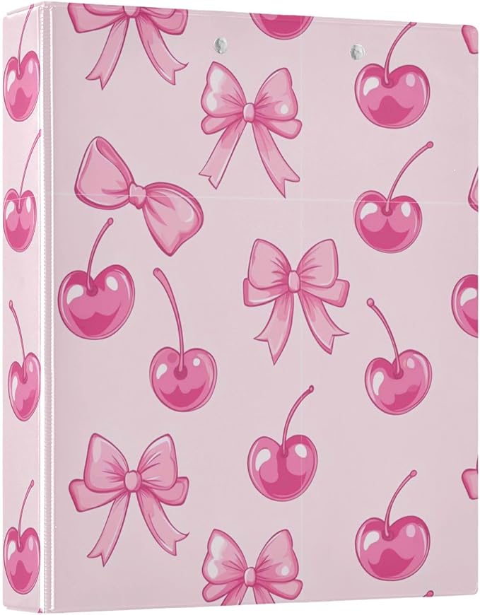 Aslsiy 3 Ring Binder 1.5 Inch for Girl Cherry Red Bow 1 Kids Round Clipboard Binder Decorative Harcover Binders Organizer for Office School Supply