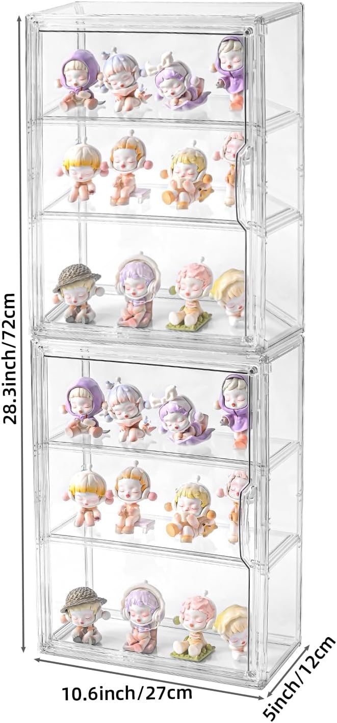 3 Tier Display Case for Collectibles,Clear Display Box with 2 Movable Plates ,Storage Container with Magnetic Door (Large 2 Pack)