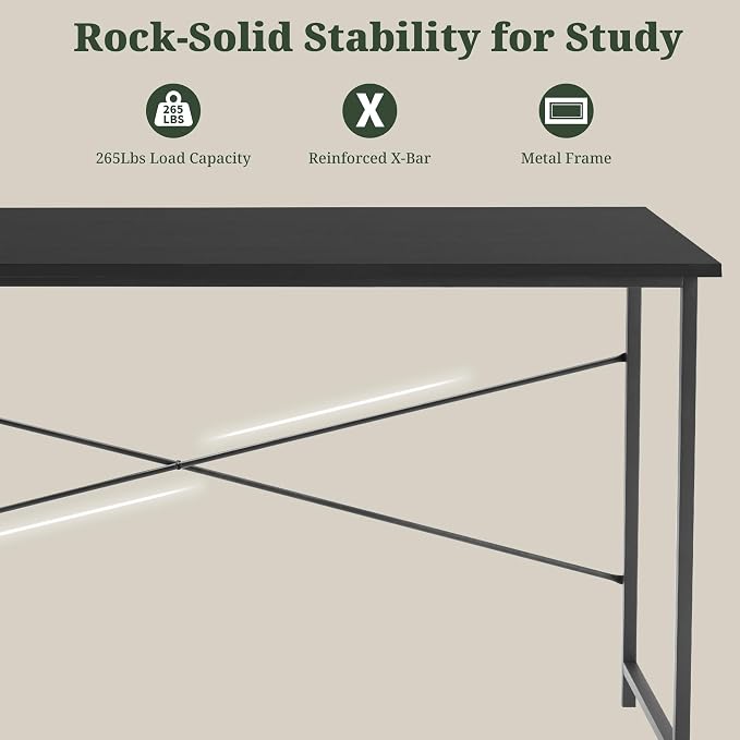 55 Inch Computer Desk, Writing Desk for Home Office Study Workspace | 265 lb Capacity, Reinforced X-Frame, Waterproof MDF Top, Scratch-Resistant Surface, Easy Assembly, Black
