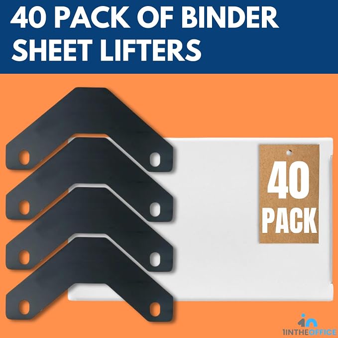 1InTheOffice Binder Sheet Lifters, Triangular Shape Sheet Lifter for 3-Ring Binder,11" x 8-1/2", Black, 40 Pack