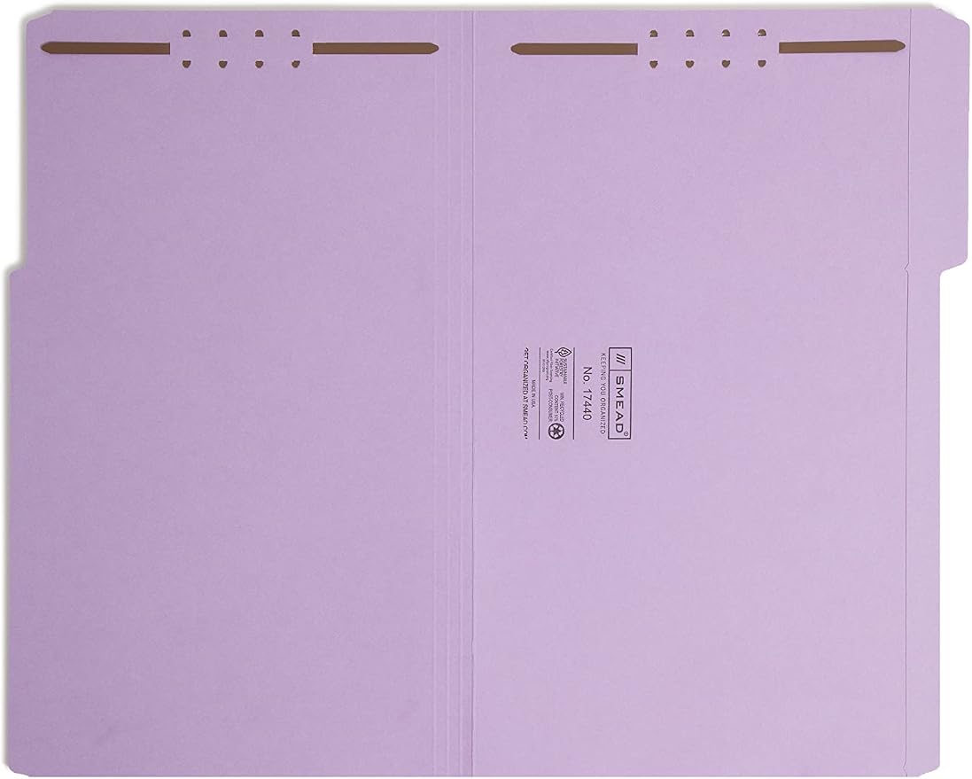 Smead Fastener File Folder, 2 Fasteners, Reinforced 1/3-Cut Tab, Legal Size, Lavender, 50 per Box (17440) (Pack of 1)
