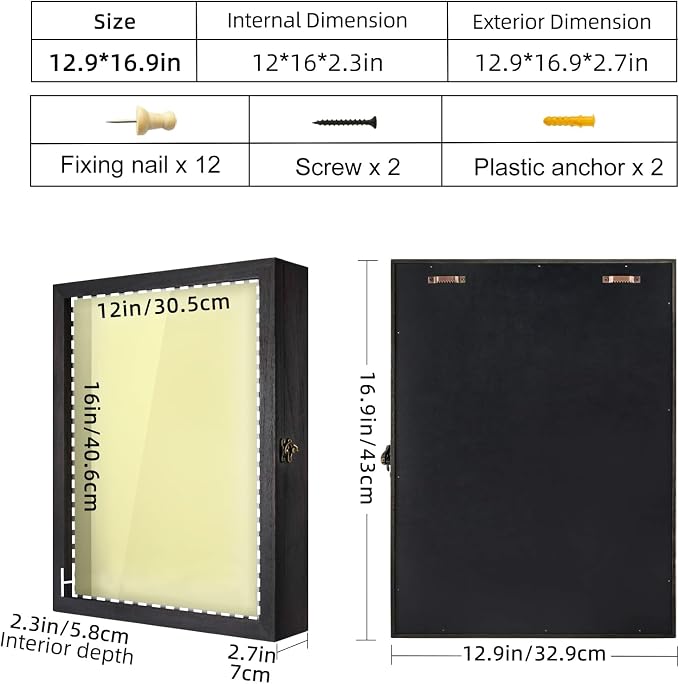 TJ.MOREE Shadow Box 12x16 Memory Display Case Wooden Picture Frame Black | Large Rustic Keepsake Box with Linen Back for Memorabilia, Bridal Shower Wedding Gifts, Military Medals, Pet Memorial Gifts