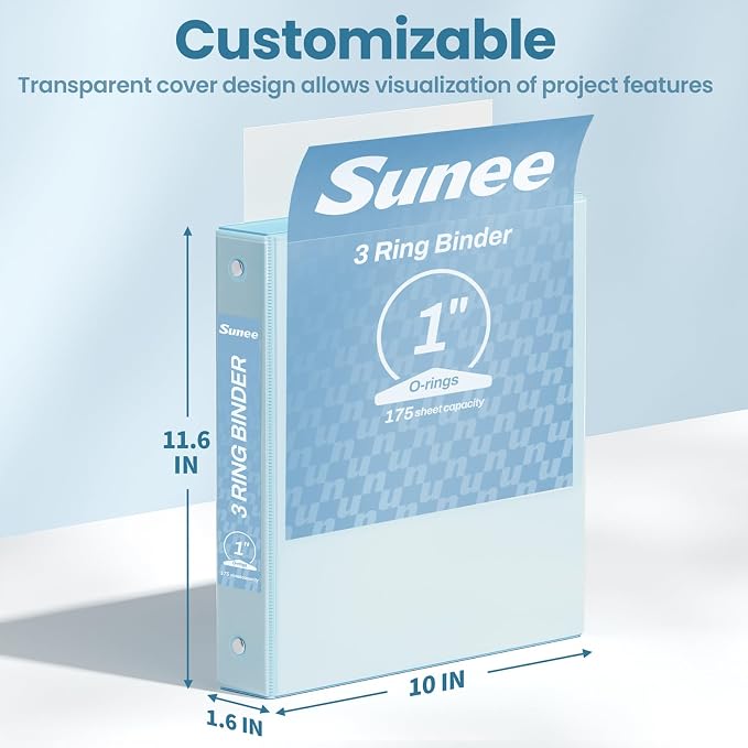 SUNEE 3 Ring Binder 1 Inch 4 Pack, Clear View 1" Binders Three Ring PVC-Free (Fit 8.5x11 Inches) for School or Office Supplies, Blue