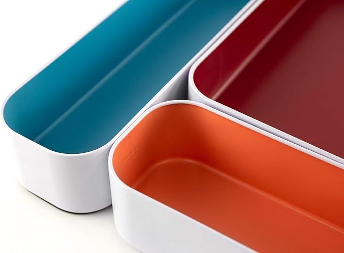 Three by Three Seattle Metal Drawer Organizer Tray Set, 5-Pc, 2" (Blue) | Deep 2" food-safe metal bins; soft non-scratch base; perfect for kitchen utensils, tools & bulkier drawer items