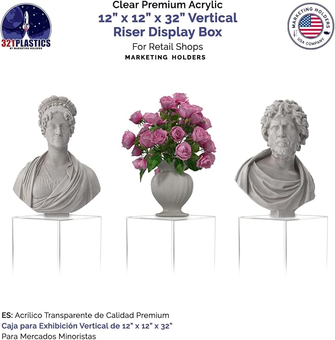 Display Cube Pedestal Tall One Piece Riser 12" x 12" x 32" Acrylic Clear Column No Lid Lucite Stand Flower Tower Weddings Special Events Staging Decor Plexiglass Display Box by Marketing Holders