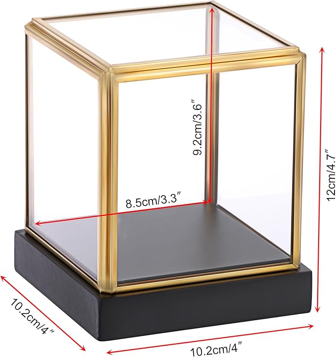Hipiwe Clear Glass Display Box Case for Collectibles with Black Wood Base | Vintage Gold Display Case for Plants Action Figurine Models Keepsake Boxes, Square, 3.3x3.3x3.6 Inch