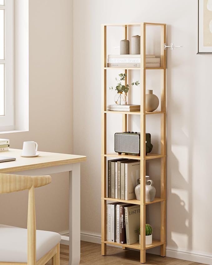 Open Book Shelf, 6 Tier Tall Bookshelf, Freestanding Shelf Narrow Bookcase with Open Shelves, 14.57" x 10.63" x 65.83", Book Shelves for Living Room, Office, Study, Oak