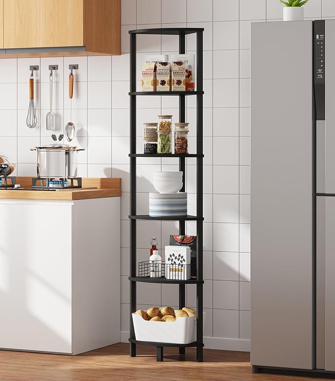 VIMBER Corner Shelf, 6-Tier Corner Bookshelf, Industrial Corner Ladder Shelf, DIY Storage Shelves, Modern Display Shelf for Living Room, Bedroom, Kitchen, Home Office, Black UJSJ004B