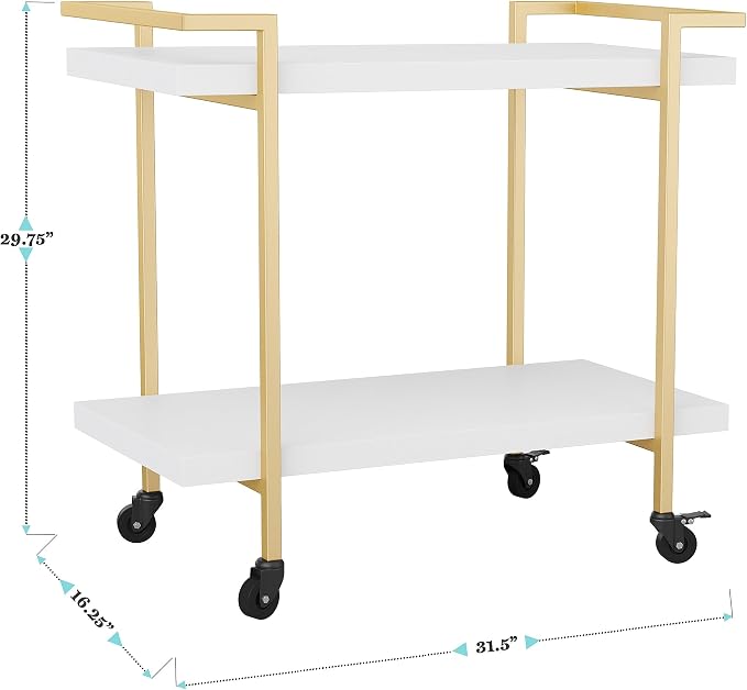 Martha Stewart Liam 2-Tier Mobile Office Storage and Printer Cart, White | Polished Brass Frame