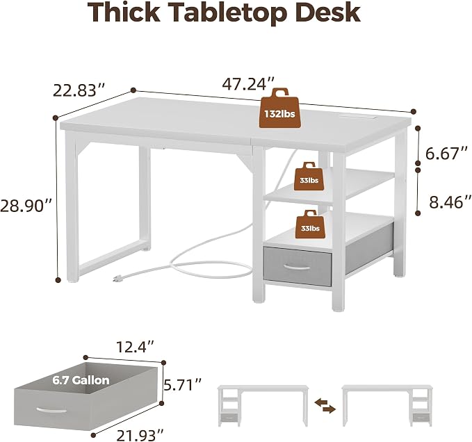 48" Computer Desk with Drawer, 1.2" Thick Reversible Office Desk | Modern Writing Table with Power Outlets & Storage Shelves, Heavy Duty Industrial Study Desk for Home Bedroom Work