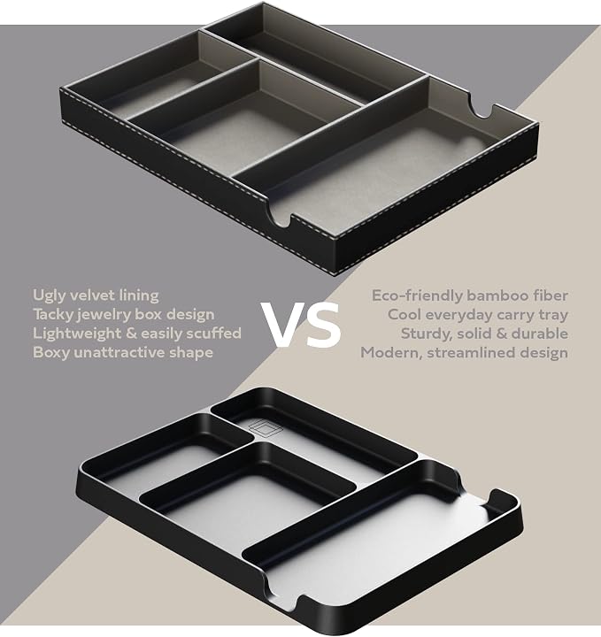 Pocket Deck Valet Tray (Black) for Men. Everyday Carry EDC Caddy Bamboo Organizer. Perfect for Night Stand, Bedside, Dresser, Desk, Office, Bedroom. with Phone Charger. Storage Slots for Wallet, Keys
