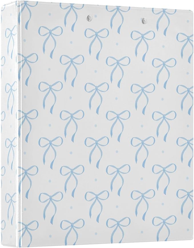Aslsiy Kids 3 Ring Binder 1.5 Inch Blue Cute Bows Dots Round Clipboard Binder Girls Decorative Harcover Binders Organizer for Office School Supply