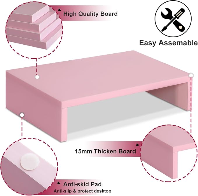 TEAMIX Pink Monitor Stand Riser for Desk, Small Computer/Laptop Stand Wood | 14.2"L x 9.5"W, Holds 80 lbs, Desktop Organizer Shelf, Ergonomic Morden Design, Easy Assembly, For Home Office, Gaming