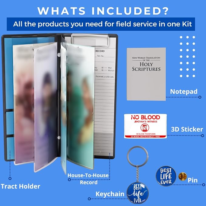 Jehovah Witness Ministry Supplies, JW Gifts Tract Holder JW.org Accessories | 7 pcs Bundle for Jehovahs Witnesses Pioneers, No Blood Sticker, Tract Holder, Pin, Keychain, Pad, JW Field Service Supplies
