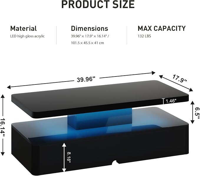 40" Modern LED Coffee Table, 2 Tier Rectangular Center Table with 16 Colors Lights & Large Storage Space, High Glossy Wooden Tea Table for Living Room, Bedroom, Home Office, Dark Black