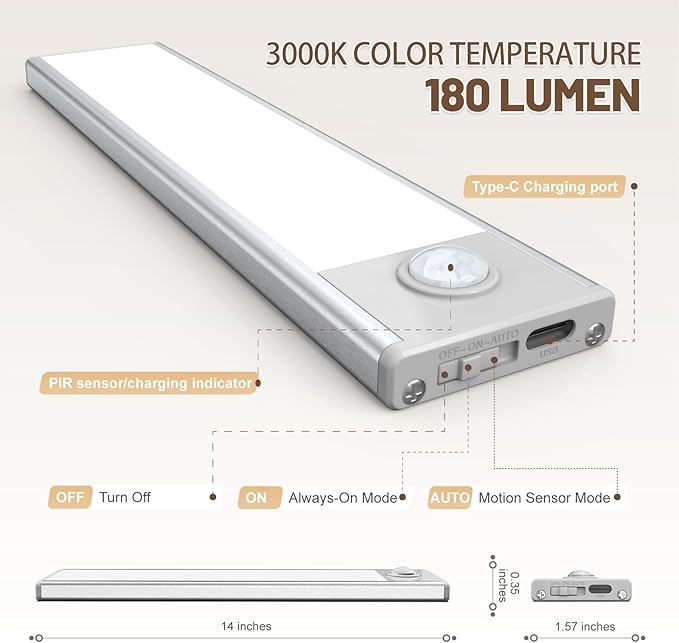 14 inch Under Cabinet Lighting, 6 Pack Motion Sensor Light Indoor Rechargeable Magnetic Closet Lights Battery Operated, Under Counter Lights for Kitchen, Wardrobe, Hallway, Stairs Warm White Light