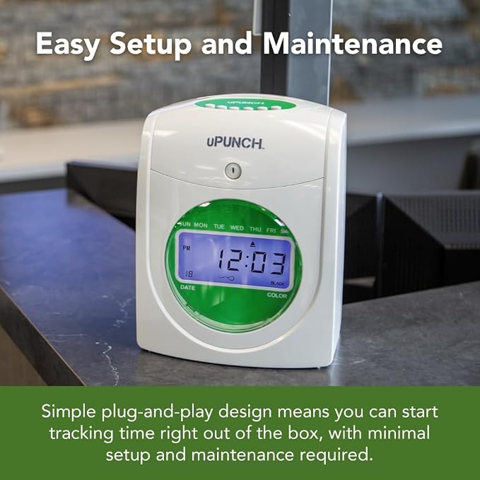 uPunch JC1500 Starter Time Clock Bundle for Small Business: Employee Punch Clock System with 100 Time Cards, Card Rack, and Ribbon