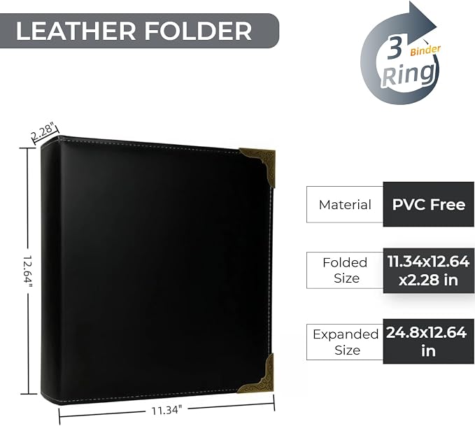 Vintage Hardback Leather 3 Ring Binder, 1.3 Inch D Ring, Three Ring Binders Fits 8.5" x 11", Corner Protectors, PU Leather Cover, for Photo Album, Home, Professional Office & School Supplies, Black