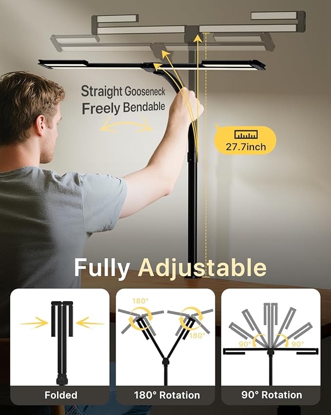 ONEMIX LED Desk Lamp with Clamp, 42-Inch 4-Panel Light for Dual Monitors | 1800 Lumens, 4 Adjustable Panels, 5 Color Temps, 5 Brightness Levels, Remote, Timer, Flicker-Free for Home Office