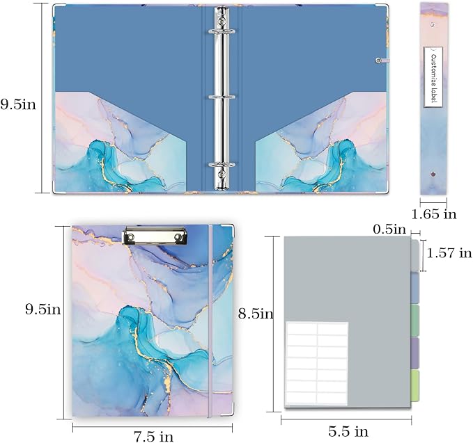 A5 Binder 3 Ring 1 Inch for 5.5"x8.5" Paper, Mini Three Ring Binders with Clipboard,5-Tab Dividers,Interior Pocket, Spine ID Label Holder, BVSSX Small Binder with Pen Holder,Blue Marble