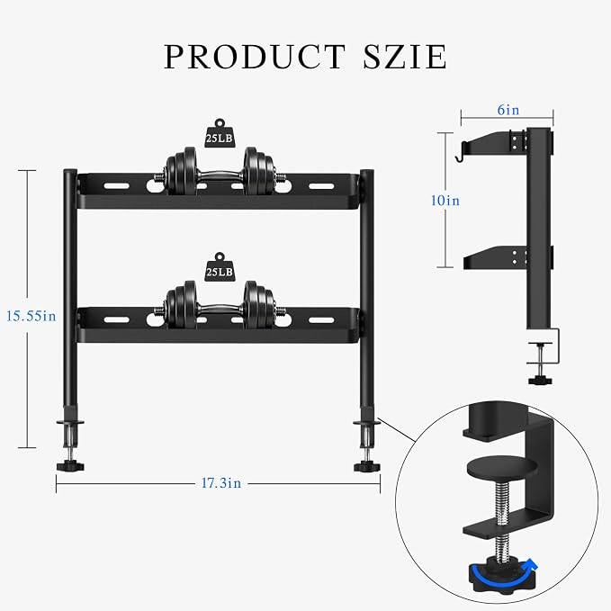Clamp on Desk Shelf, 17in 2-Tier Office Desk Shelves Organizer, Small Shelf for Top of Desk with Headphone Holder and Hooks, Desktop Storage Rack for Home Workspace, Study Rooms, Gaming Accessories