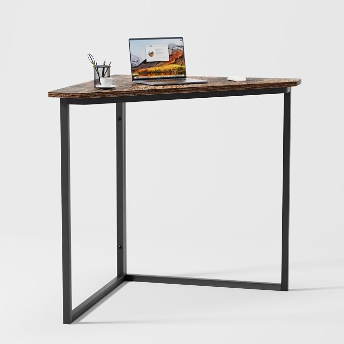 VECELO Corner Desk,Office Tables for Living Room for Small Space Triangle Computer Desk with Steel Frame Corner Shelves with Metal Frame Writing Desk for Workstation Retro Brown 33.1"