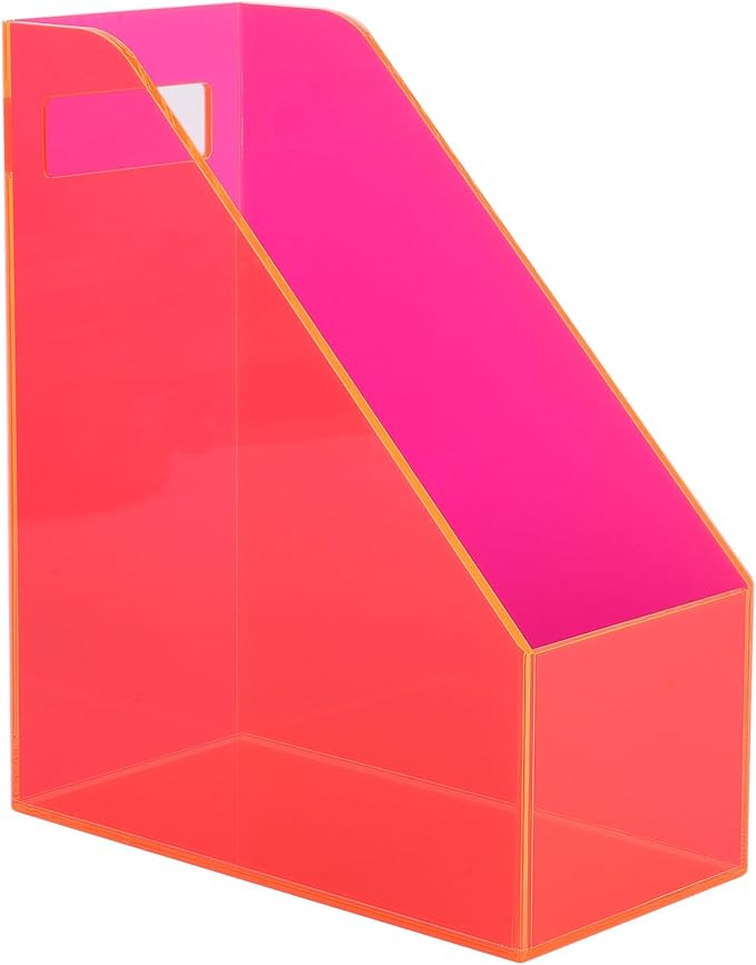 Acrylic Magazine Rack Desk File Holder Organizer for Office Desktop Vertical Magazine Storage Box, 12 x 10 x 5'', Neon Pink