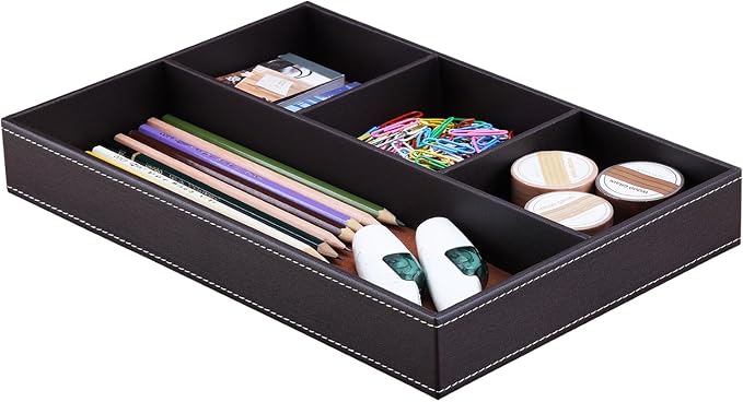 Pu Leather Desk Organizer Tray, 4 Compartment Office Storage Supplies Stationery Drawer Tray, Nightstand Bedside Tray for Key, Wallet, Watch, Coin, Phone Valet Tray Stackable
